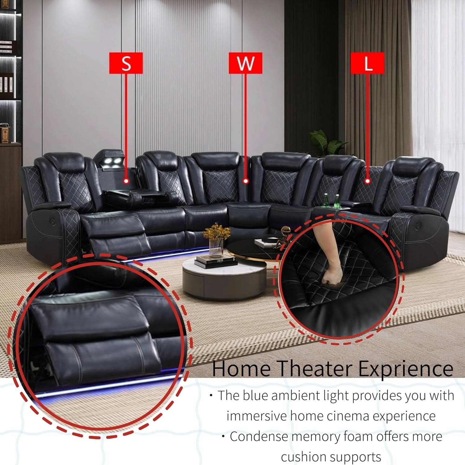 Power Recliner Sectional Sofa Black With LED Lights-4