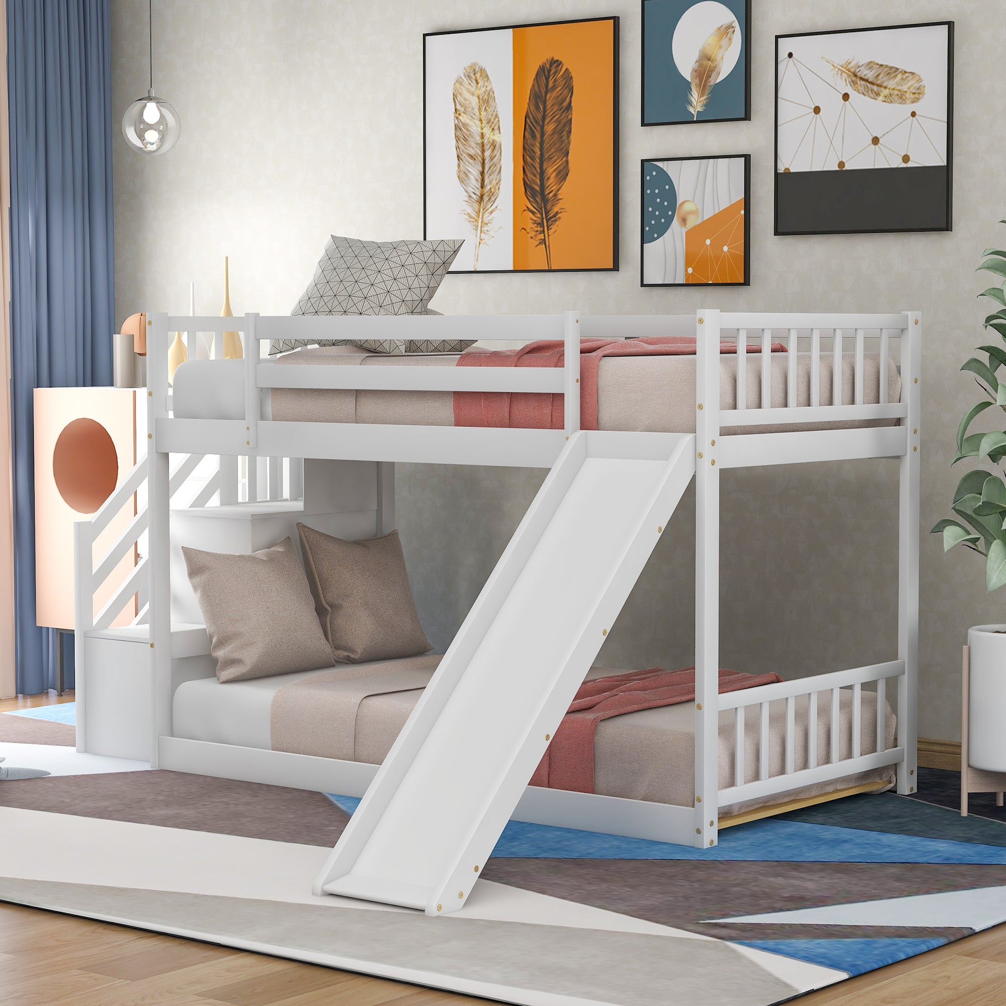 White Twin over Twin Bunk Bed with Convertible Slide and Stairway, Pine Wood and MDF, 92.8''L x 42.3''W x 50.6''H
