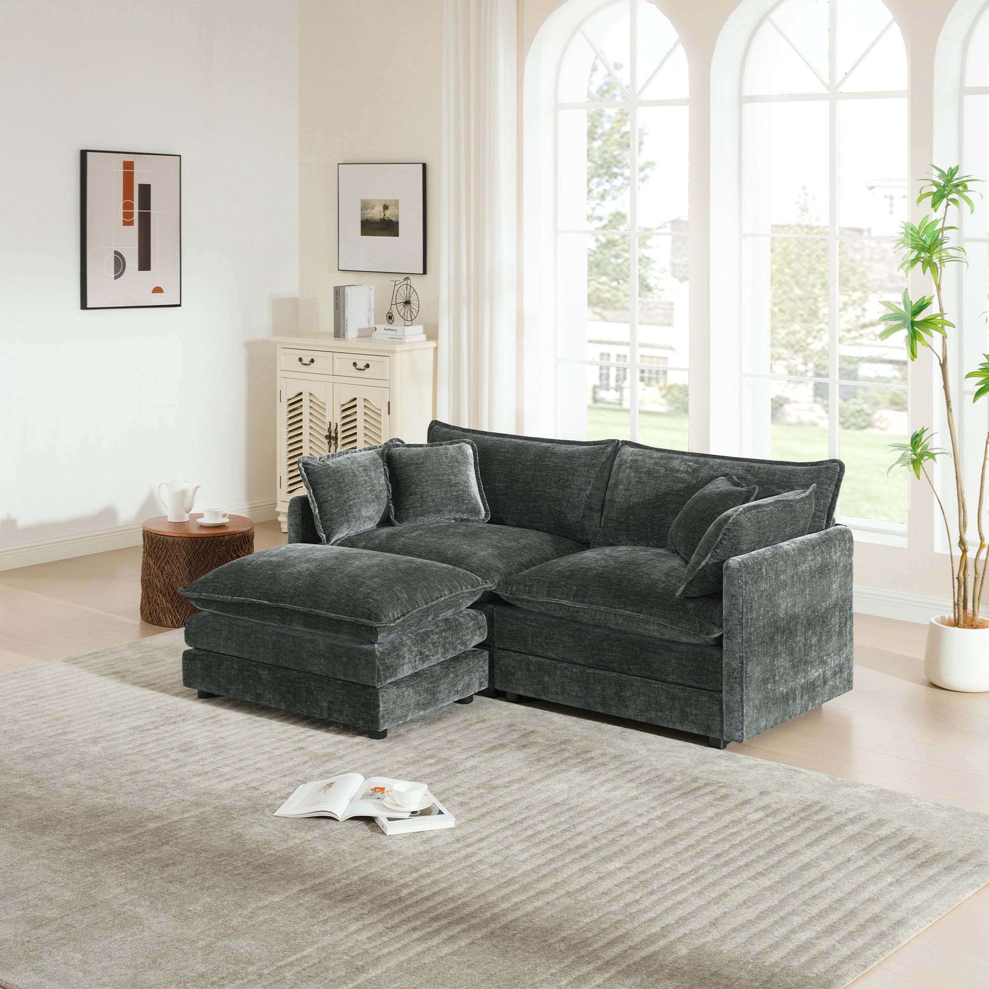 Chenille Two-Seater Sofa with 1 Footrest, 2 Seater L-Shaped Sectional with Ottoman,Loveseat with Ottoman for Small Living Space, Gray Chenille