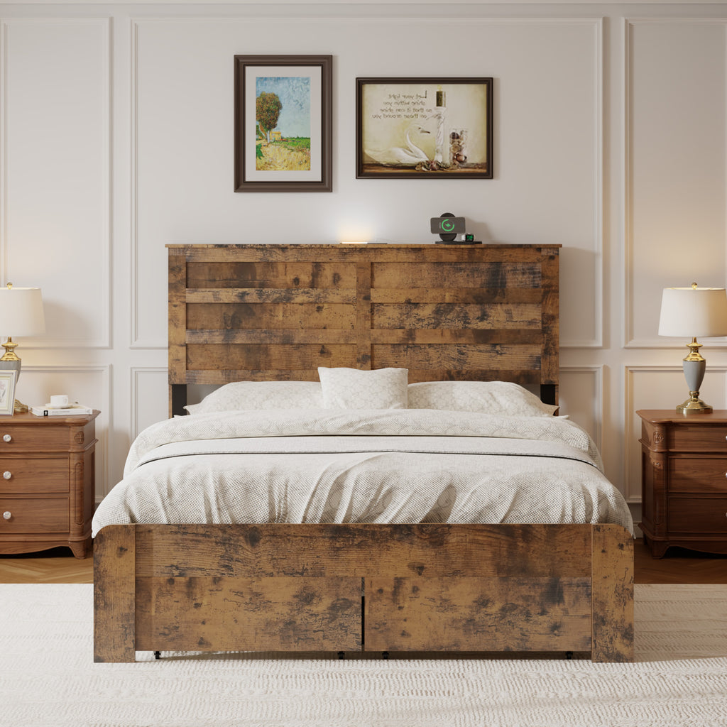 Full-size bed frame with 2 storage drawers and 2 USB ports, wooden platform bed frame with storage headboard charging station, metal slat support, mattress not required, Dark Brown