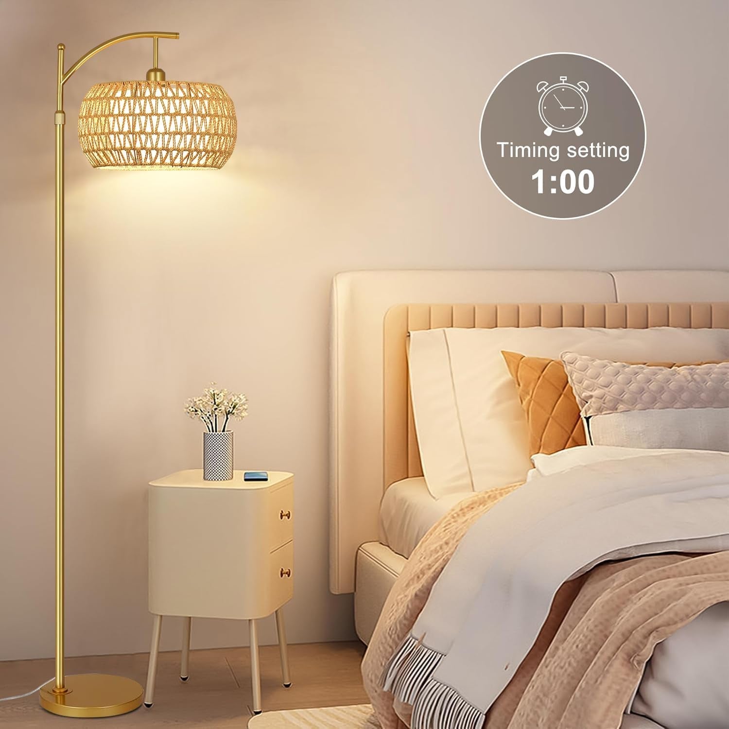 Gold Arc Floor Lamp Remote Dimmable Boho Rattan Shade-2