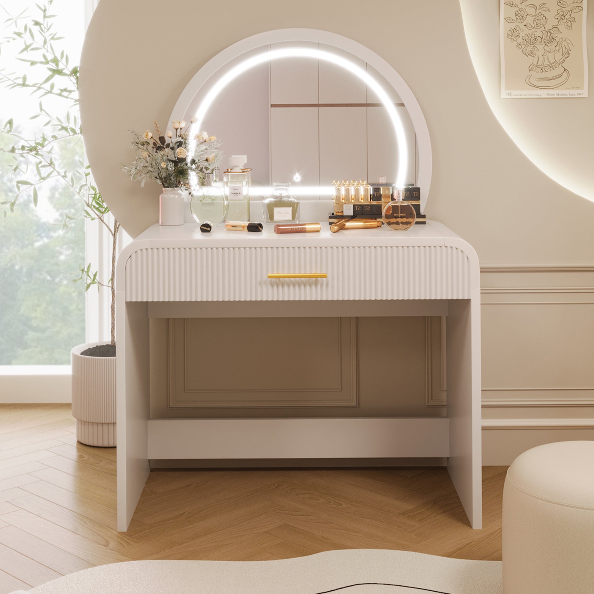 39' Makeup Vanity Table with Mirror Touch Screen Lighted Mirror, Dressing Table with Drawer for Bedroom, White