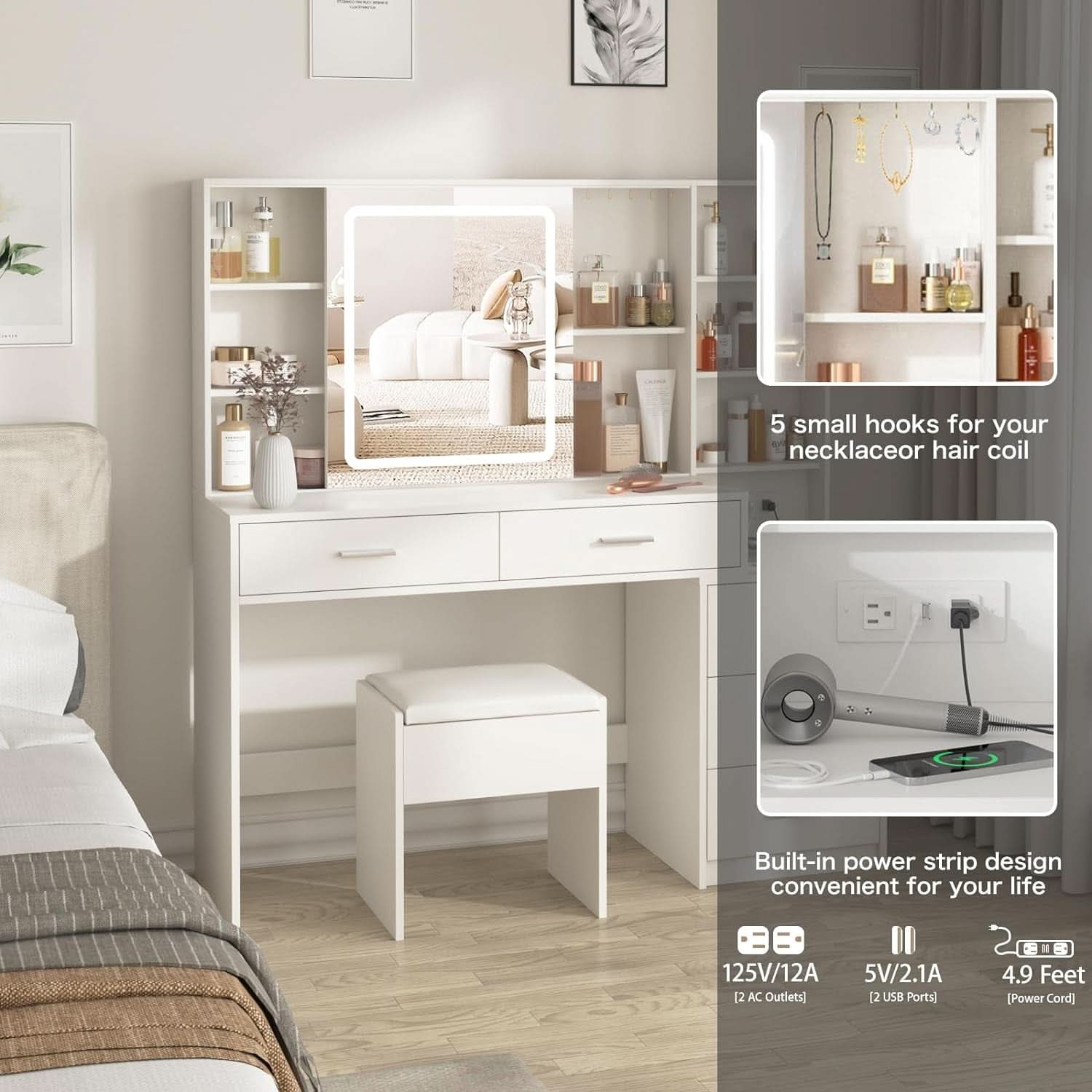 White Vanity Desk With Illuminated Mirror USB Charging Port-2