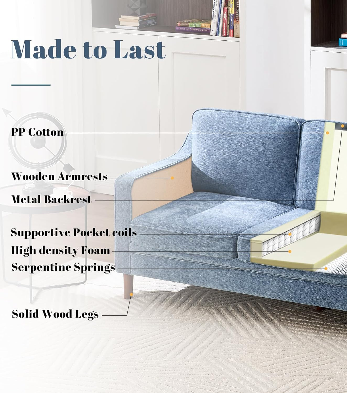 80 Inches Brilliant SkyBlue Chenille Sofa Reinforced-3