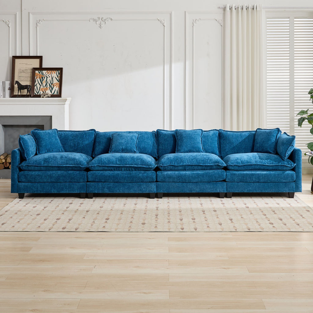 Cloud Sofa 4 Seats (Ottoman is not included), Modern Sectional Couch, for Living Room Bedroom and Apartment, Comfy Double Layer Upholstered Seat Cushion, Breathable Chenille Fabric, Blue,SW5014BL