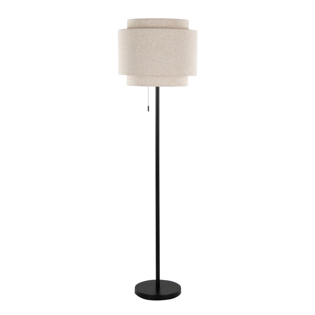 Tier 64' Contemporary Metal Floor Lamp in Black Metal with Beige Linen Shade
