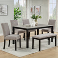 6-Piece Dining Table Set with Bench, Solid Wood Kitchen Table with Concrete-Effect Melamine Tabletop and 4 Upholstered Chairs for Dining Room, Kitchen, Restaurant, Grey & Black