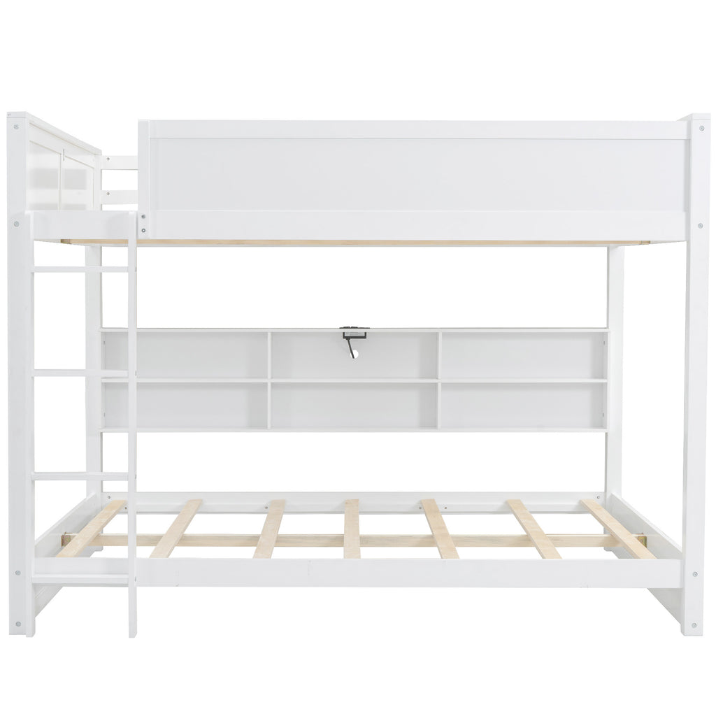 White Queen over Queen Bunk Bed with Storage Cabinets and USB Ports, Pine Wood+MDF