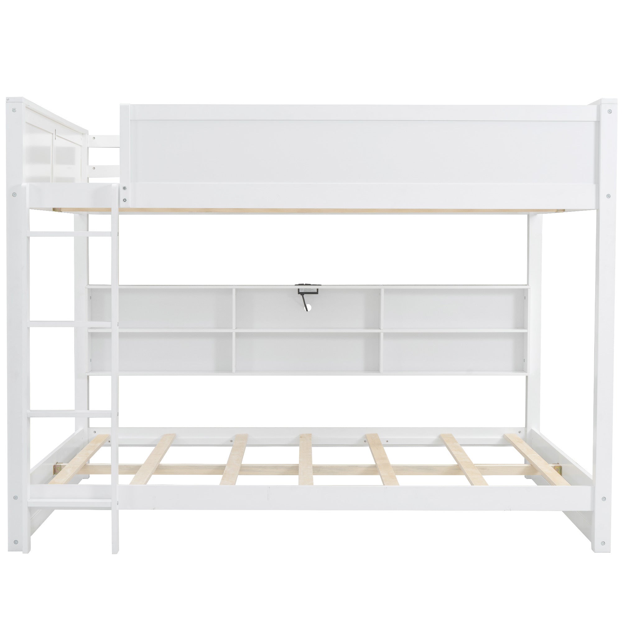 White Queen over Queen Bunk Bed with Storage Cabinets and USB Ports, Pine Wood+MDF