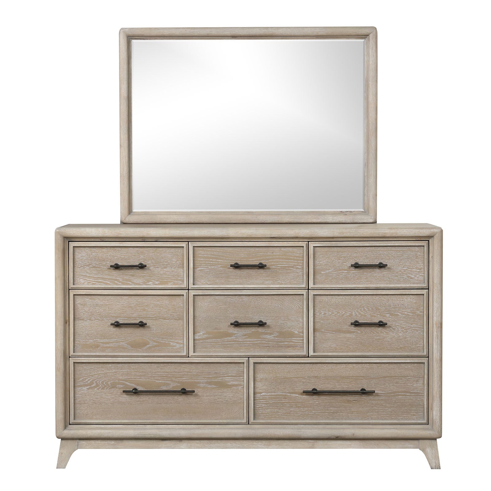 Oak Finish Eight Drawers Dresser with Mirror in Solid Rubberwood, Contemporary Sleek Bedroom Furniture