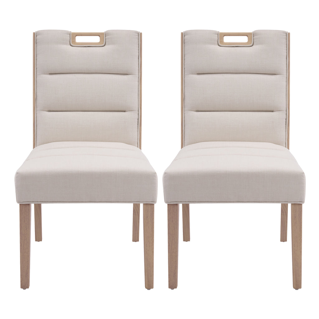 Upholstered Armless Dining Chairs, Beige Fabric & Natural Rubber Wood Frame, Set of 2