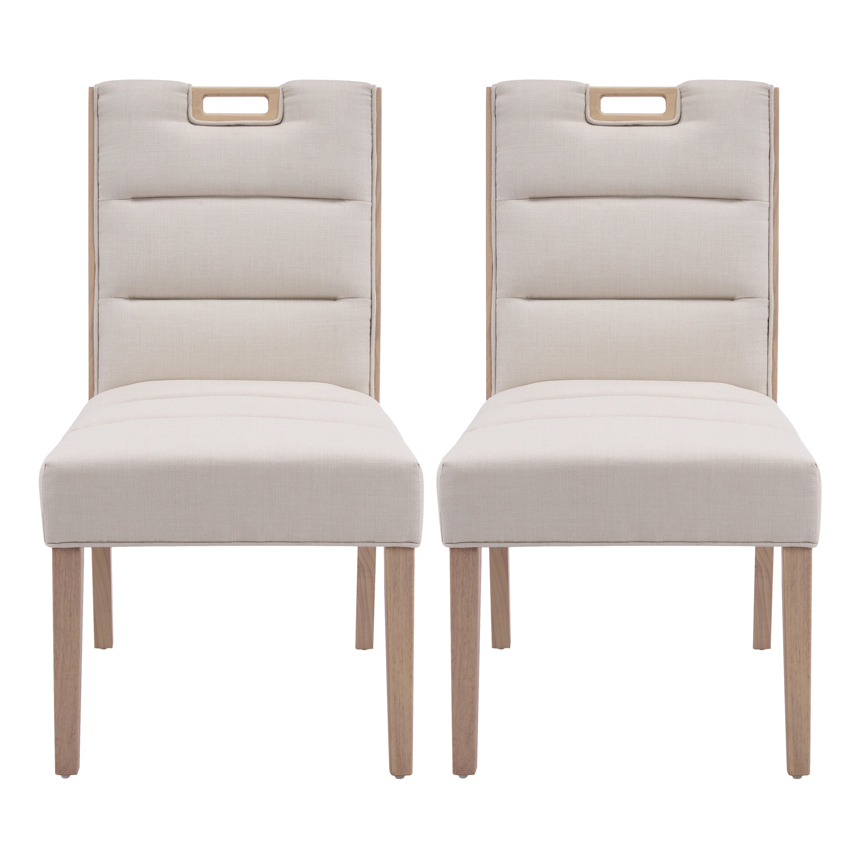 Upholstered Armless Dining Chairs, Beige Fabric & Natural Rubber Wood Frame, Set of 2