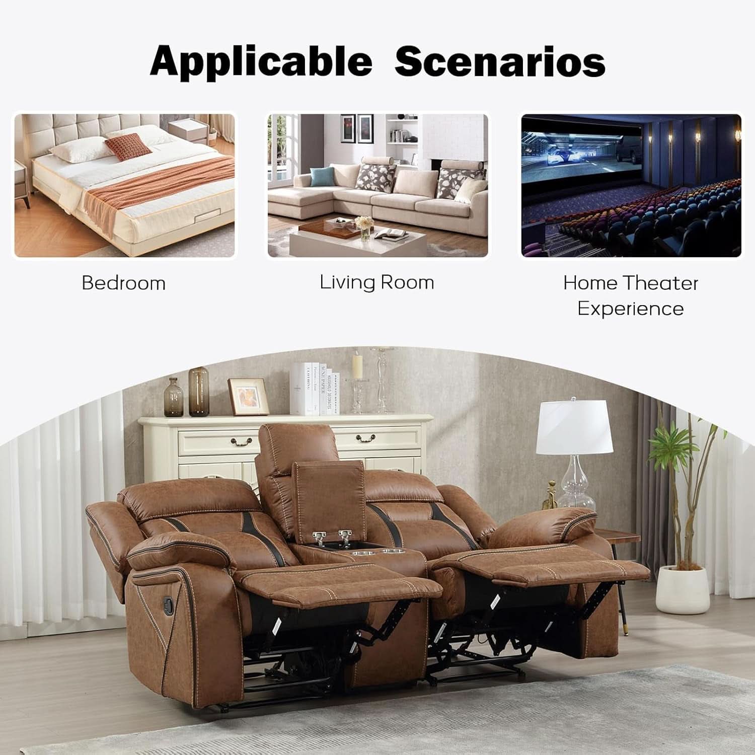 Brown Faux Leather Loveseat Dual Recliners Center Console-4