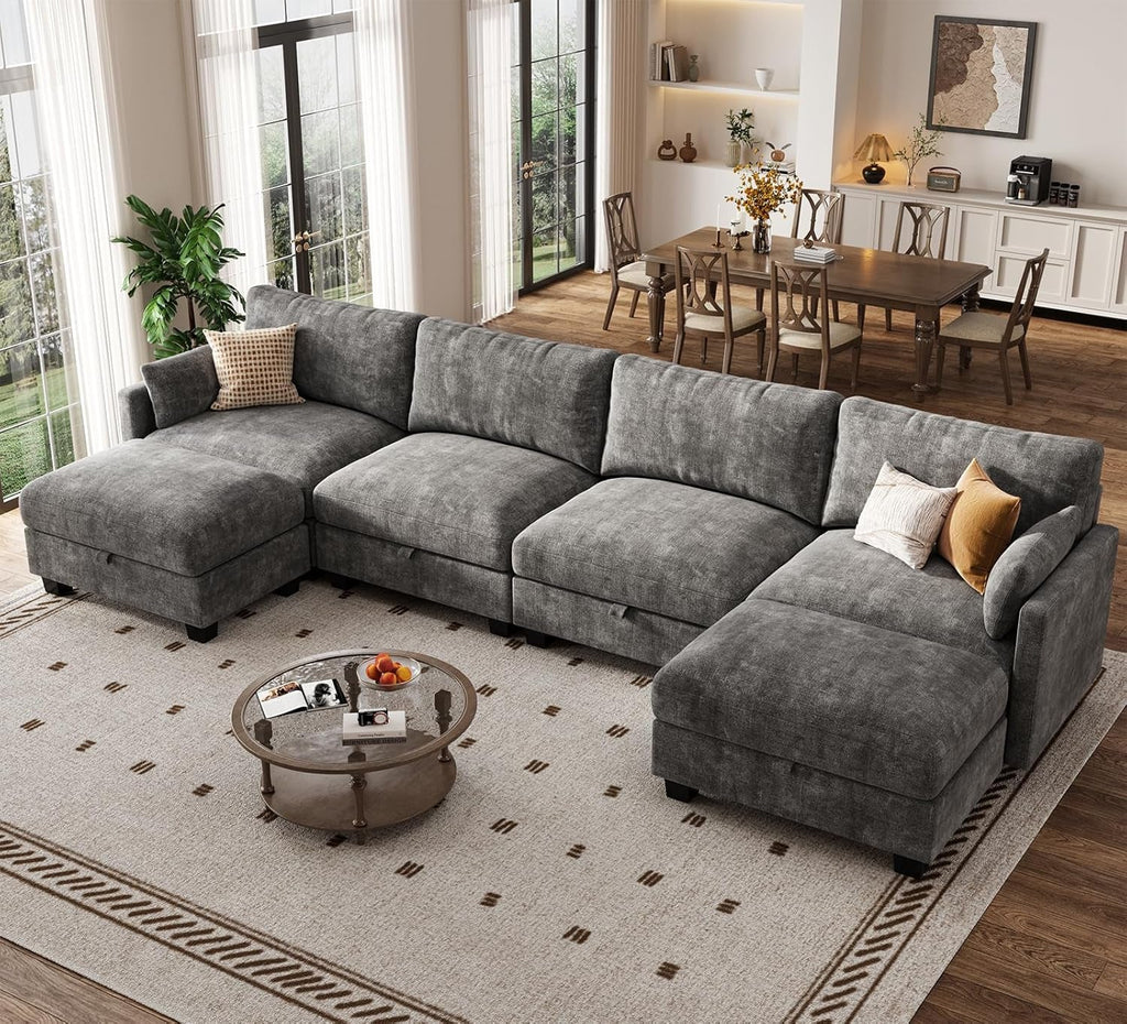 Darkest Gray Chenille U Shaped Sectional Sofa Ottoman-0