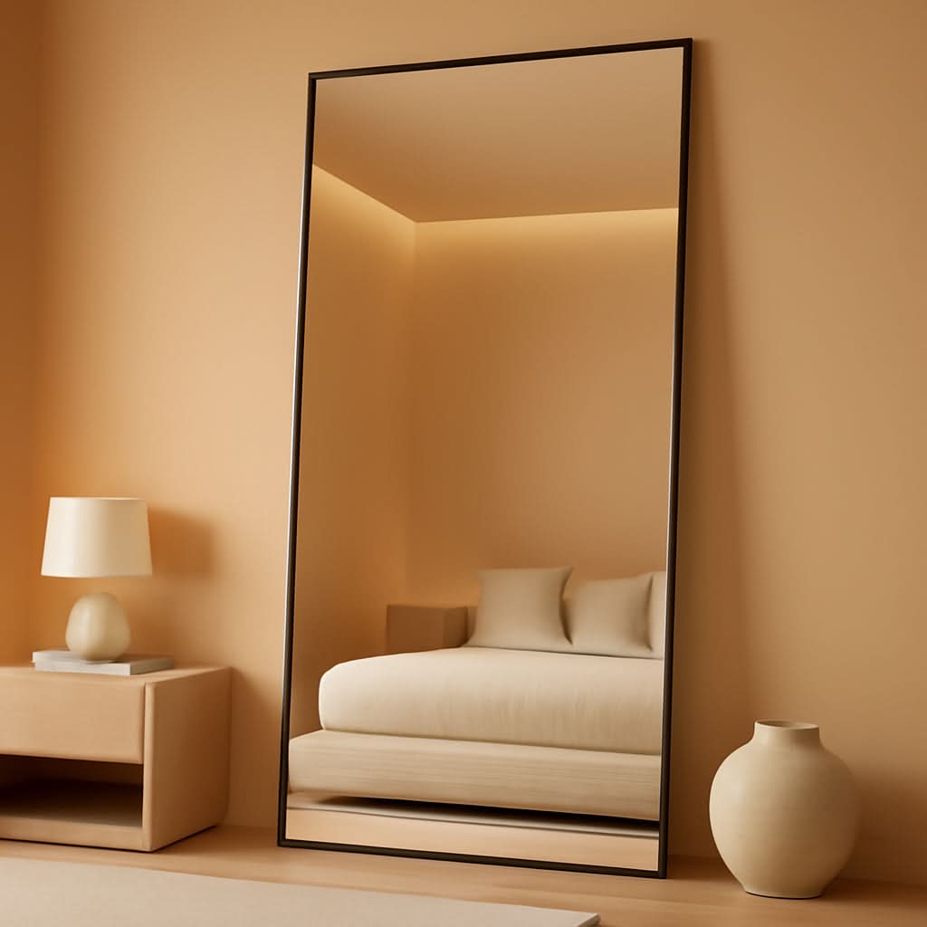 82x44Inches Full Length Arched Frame Floor Mirror Black-0