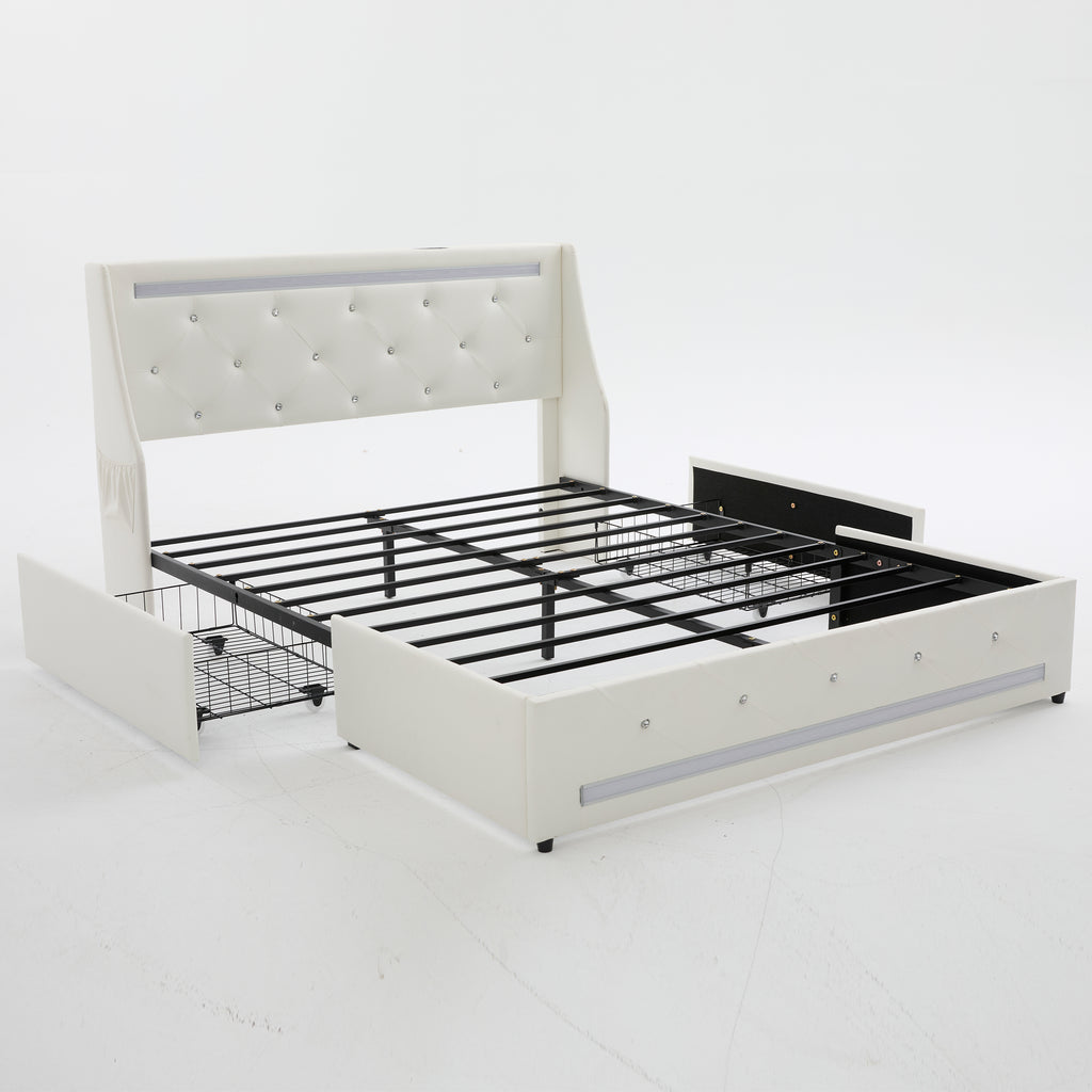 White Queen Size Bed Frame with Wingback Upholstered Diamond Headboard, 2 Storage Drawers, LED Lights, Charging Station, Metal Slats, Noise-Free, Easy Assembly, No Box Spring Needed