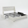 White Queen Size Bed Frame with Wingback Upholstered Diamond Headboard, 2 Storage Drawers, LED Lights, Charging Station, Metal Slats, Noise-Free, Easy Assembly, No Box Spring Needed