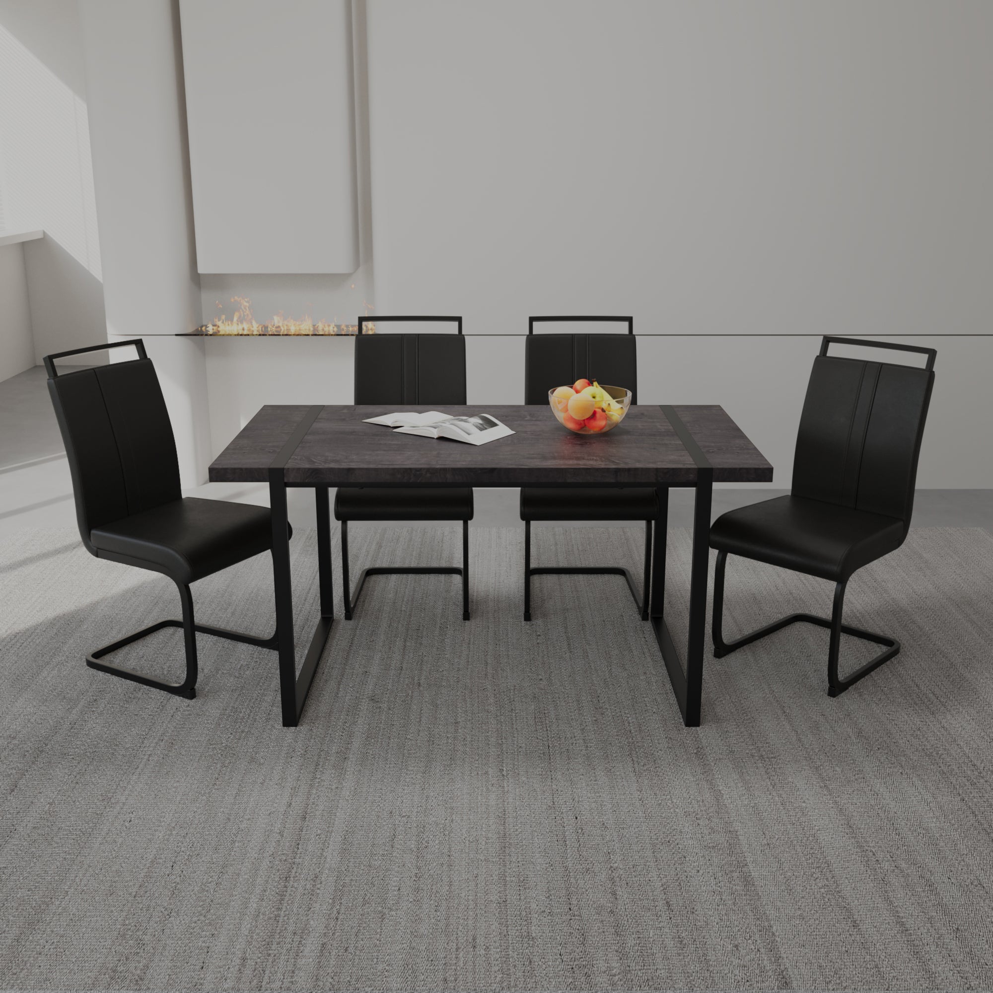 59 ' Dining Table Rural Industrial Rectangular MDF Black Set and PU Armless Dining Chair Set, 4 pieces. Kitchen Black Metal Table Leg Dining Chair Set