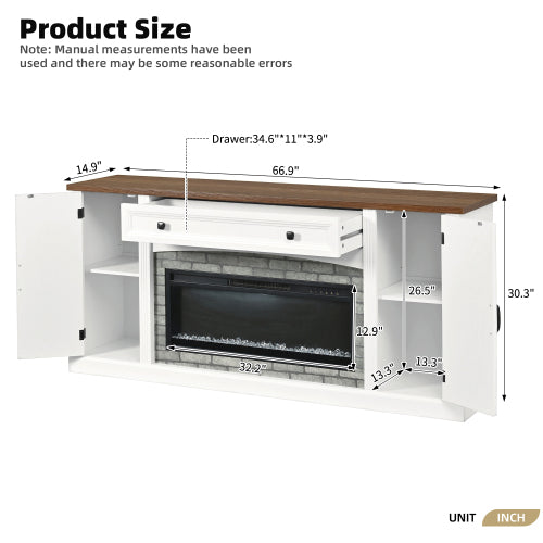 ON-TREND Heating Electric Fireplace TV Stand with Mantel for TVs Up to 70', Farmhouse Console Cabinet with Cable Management, Walnut TV Cabinet with Drawer and Adjustable Shelves for Living Room, White