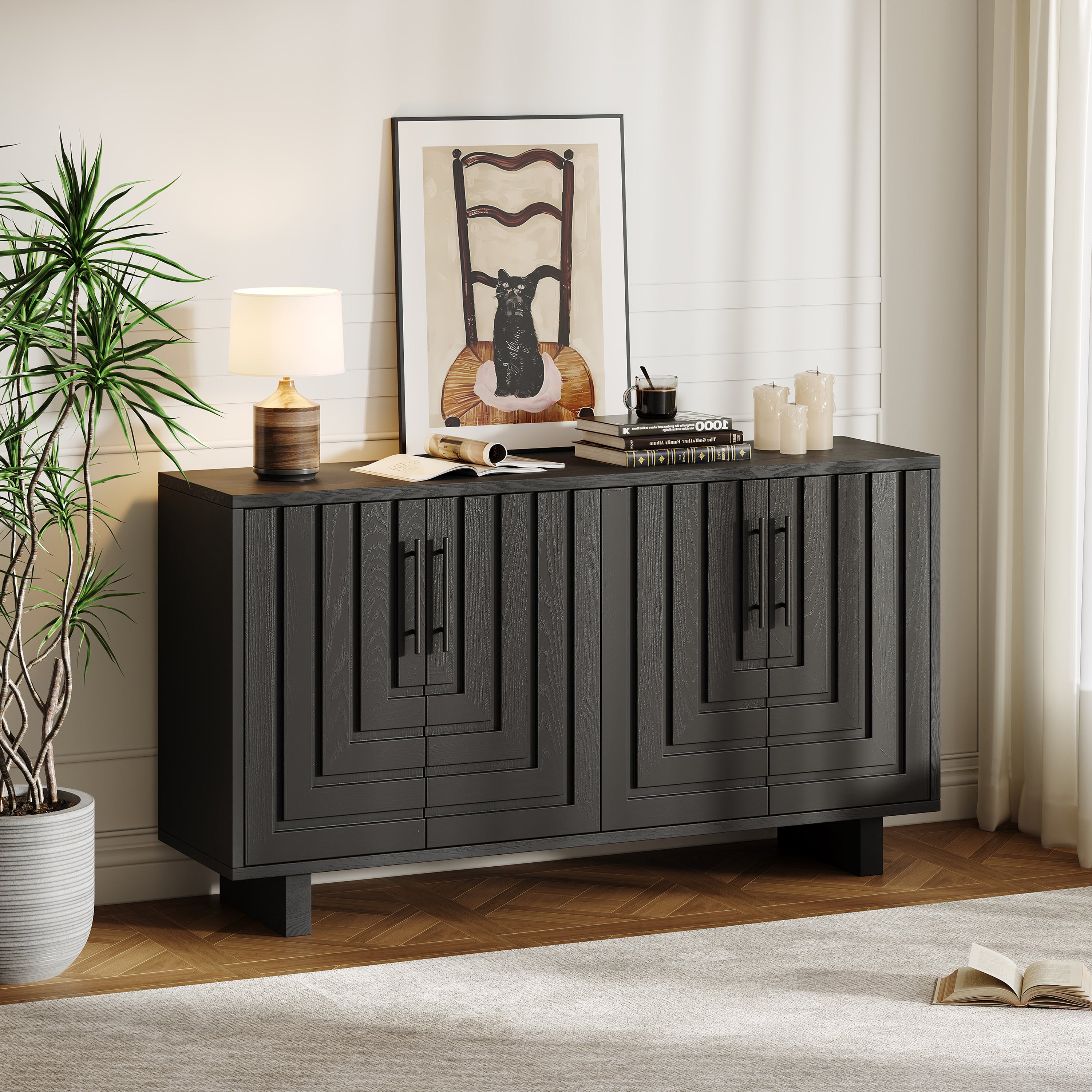 Ash Veneer Modern sideboard storage cabinet with 4 doors