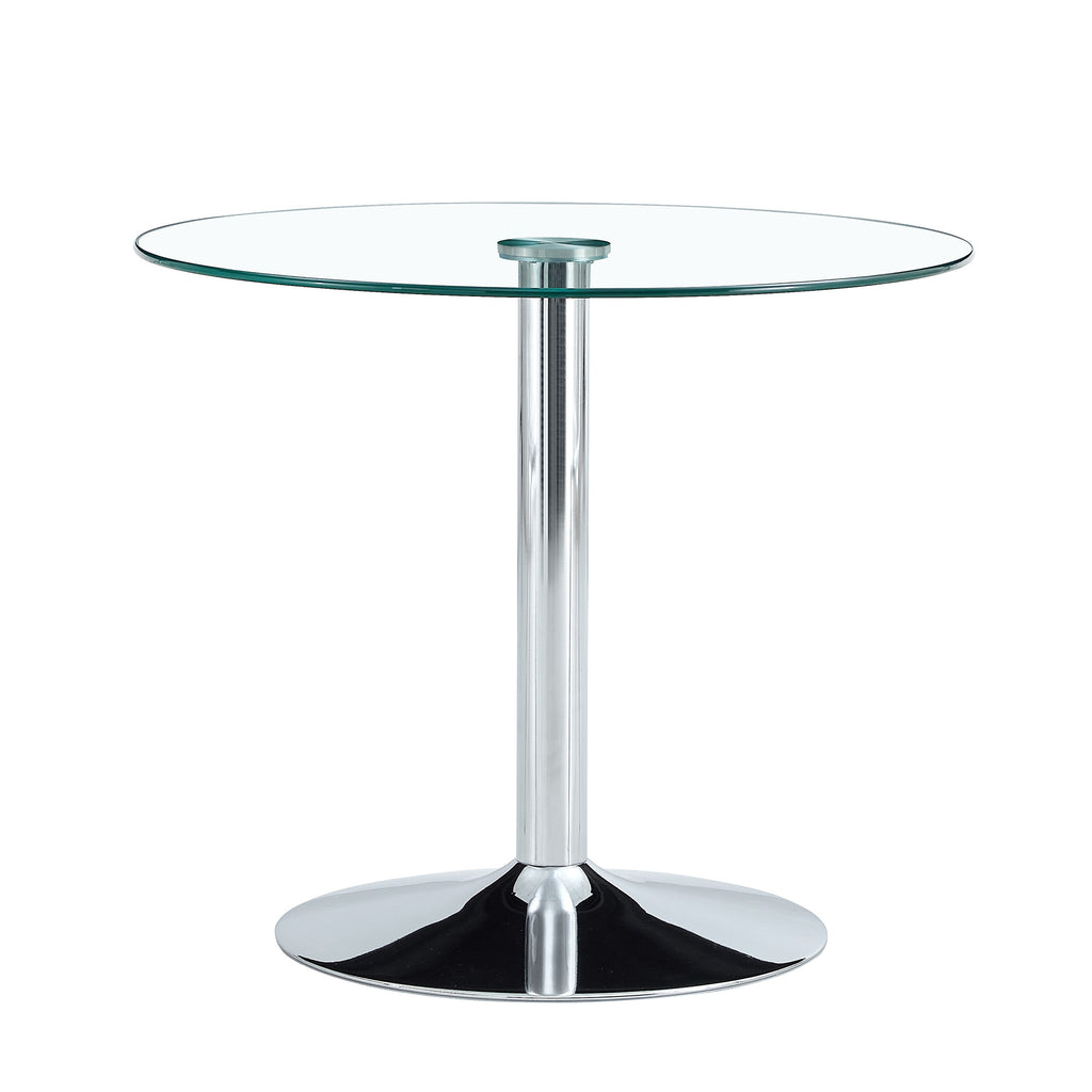 Modern Minimalist Circular Glass Dining Table with Electroplated Silver Metal Legs, 35-Inch Diameter