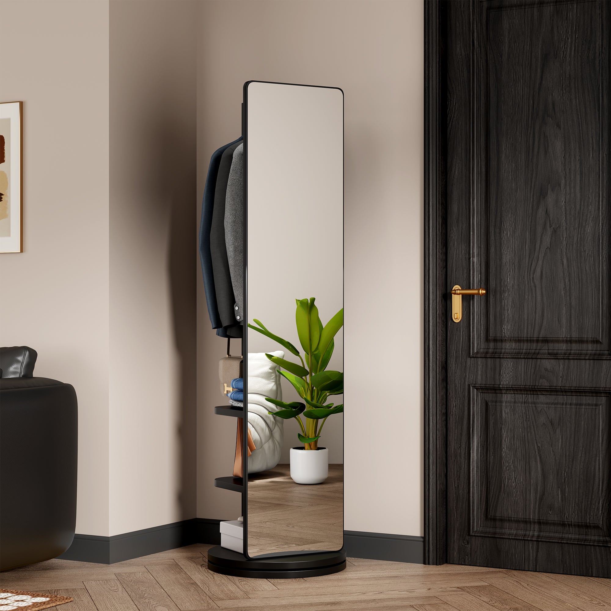 360° Rotating 69'x20' Multifunctional Full Length Mirror with Hook Storage Rack Coat Rack with Mirror Solid Wood Floor Mirror Bedroom Living Room Cloakroom Space Saving (black)