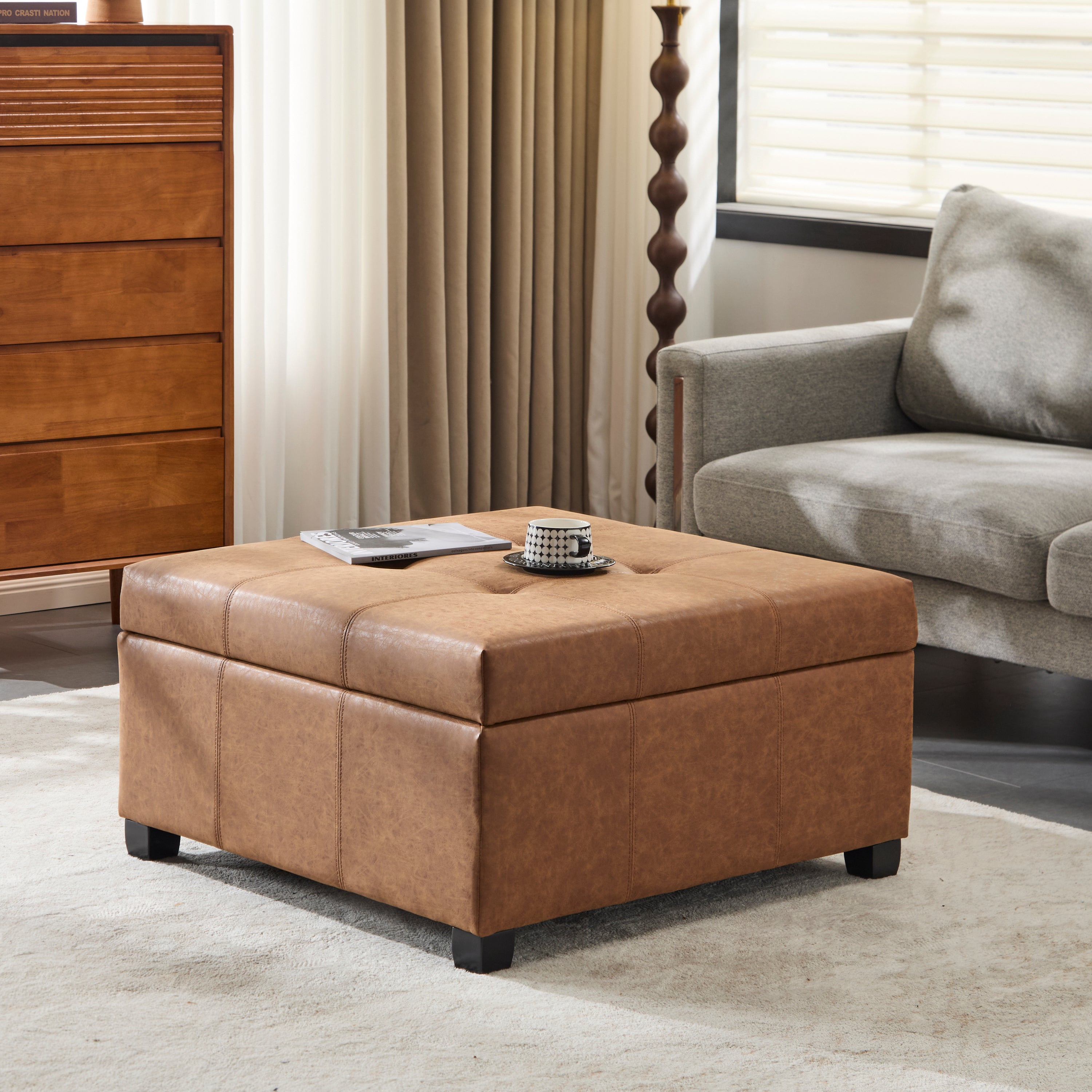 Square Brown Faux Leather Storage Ottoman
