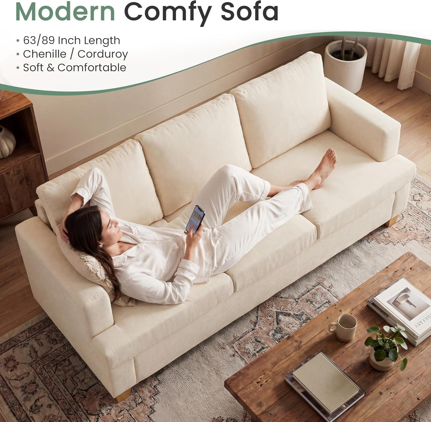 Beige Chenille Sleeper Sofa Three-Seater Loveseat Set-4