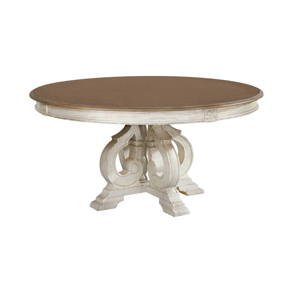 Elegant Rustic 7pc Dining Set Round Table with 6x Side Chairs in Antique White and Ivory Fabric Upholstered Seat, Solid Wood Construction