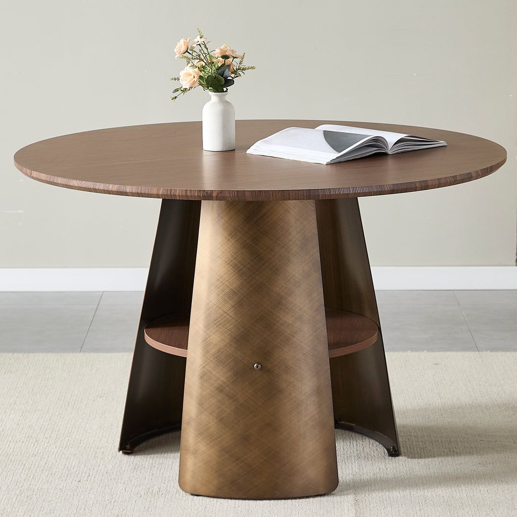 47.25 Inch Round Dining Table, Retro Style, Brushed Texture, Suitable For 4-6 People, MDF Tabletop, Metal Frame, Walnut Wood, Bronze Color.