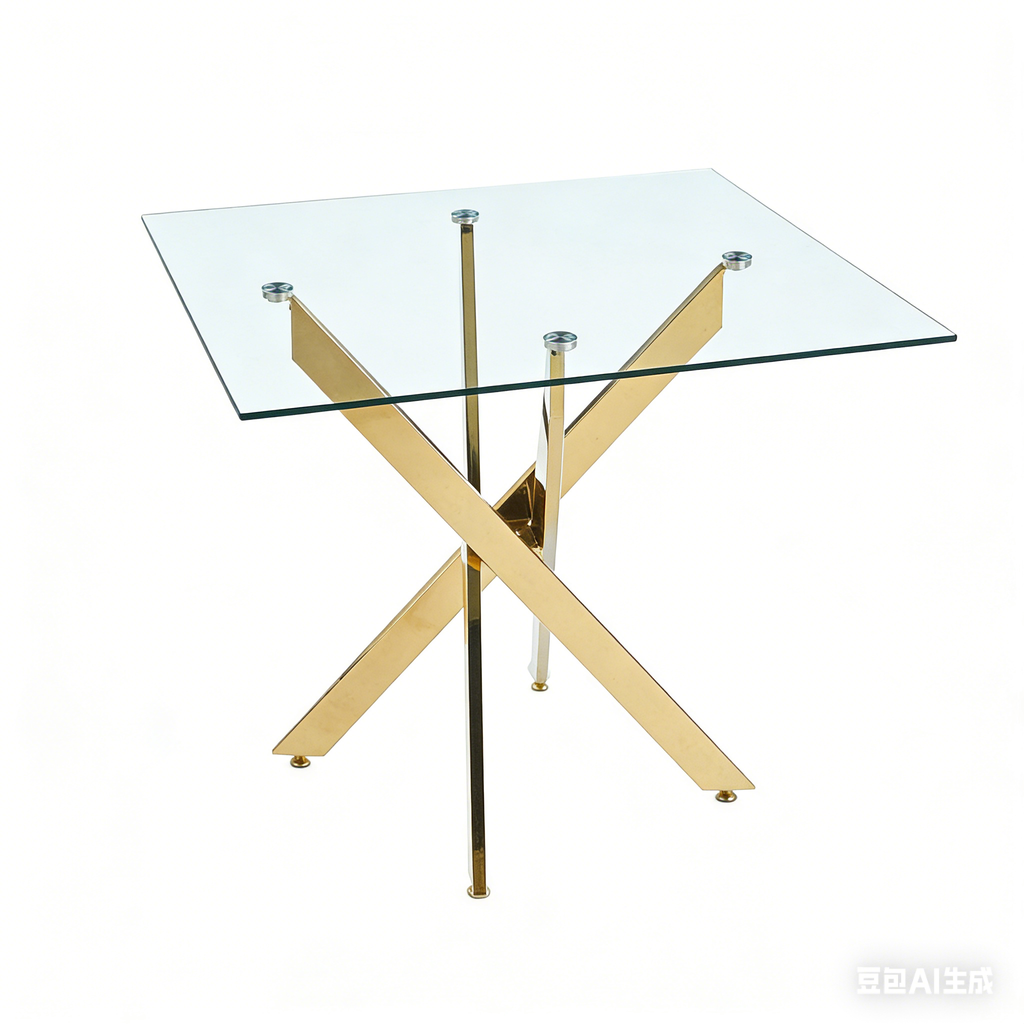 Modern Square Dining Table with Golden Metal Legs and Tempered Glass Top, 90x90x75cm
