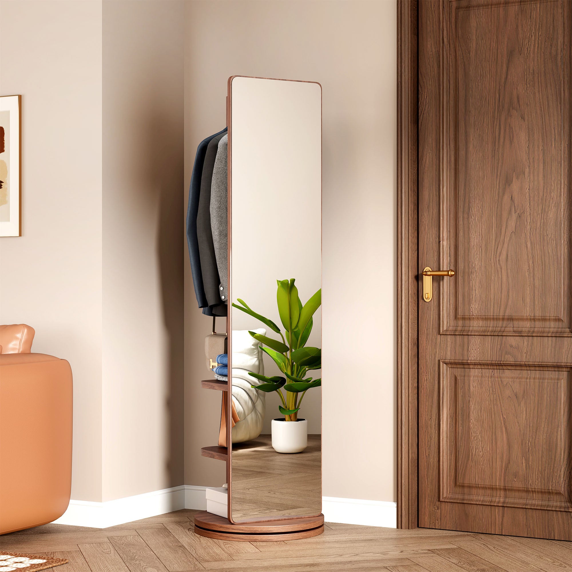 360° Rotating 69'x20' Multifunctional Full Length Mirror with Hook Storage Rack Coat Rack with Mirror Solid Wood Floor Mirror Bedroom Living Room Cloakroom Space Saving (walnut)