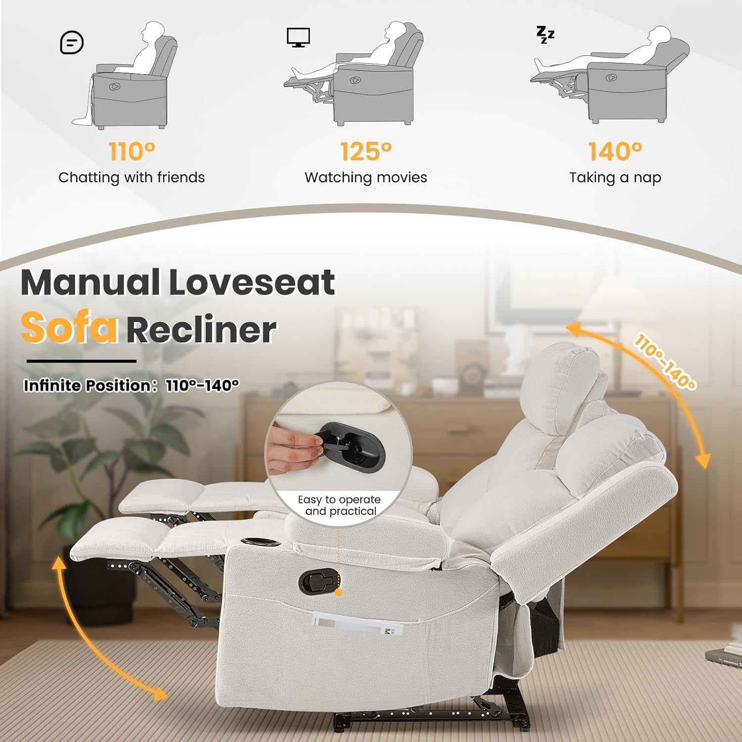 Beige Leatherette Recliner Sofa With Dual Cupholders-2