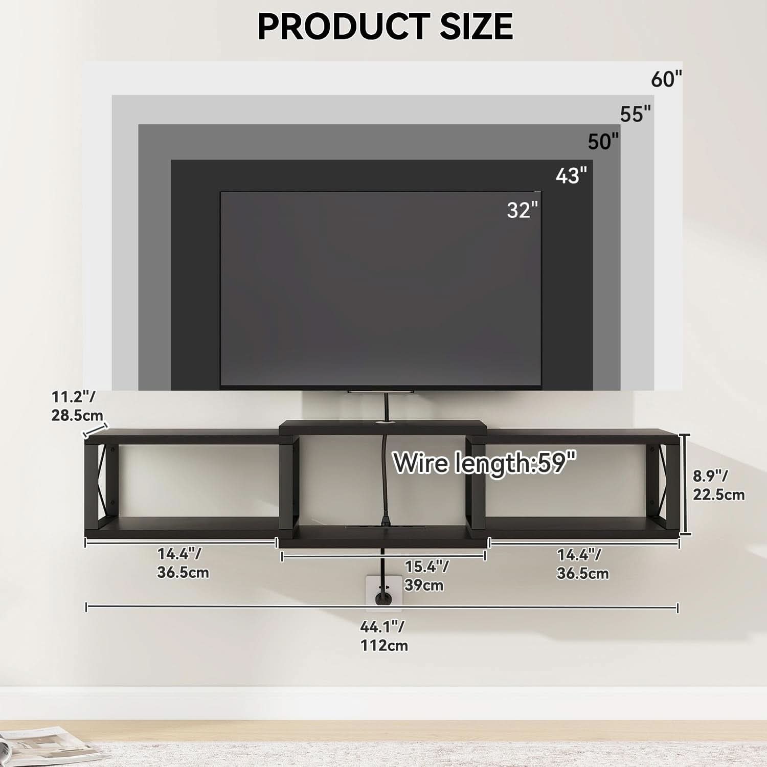 MatteBlack Wall Mounted Floating TV Console 55 Inch