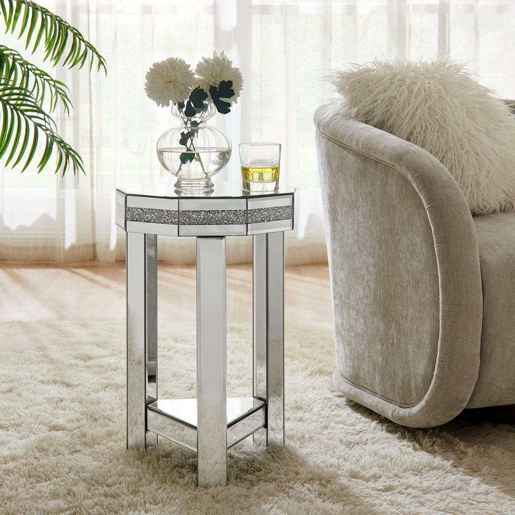 Mirrored Octagon End Table with Crystals Inlay, 2-Tier Modern Small Sofa Table with Storage, Silver Accent Side Table for Living Room, Bedroom, Coffee, and Small Spaces 13.8'W x 13.8'D x 21'H