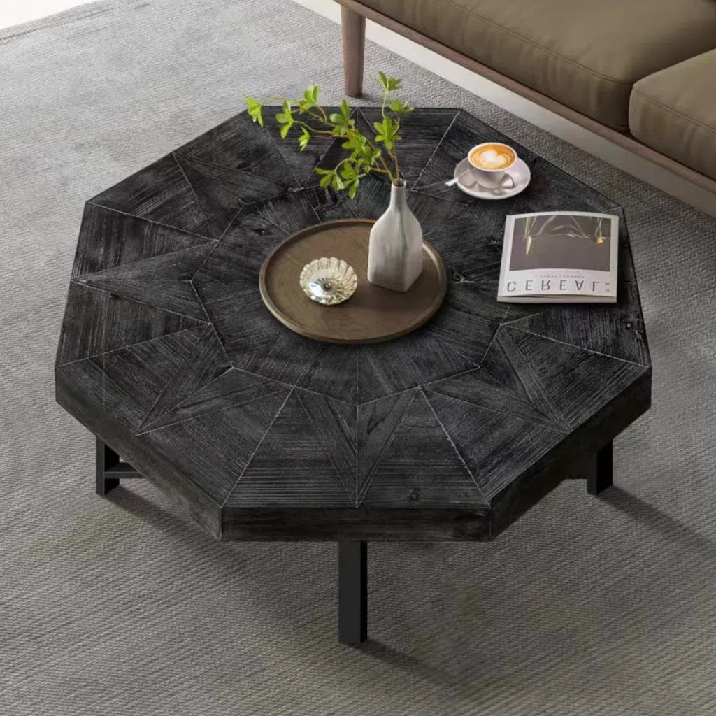 Octagonal Vintage Patchwork Craft Farmhouse  Wooden Coffee Table