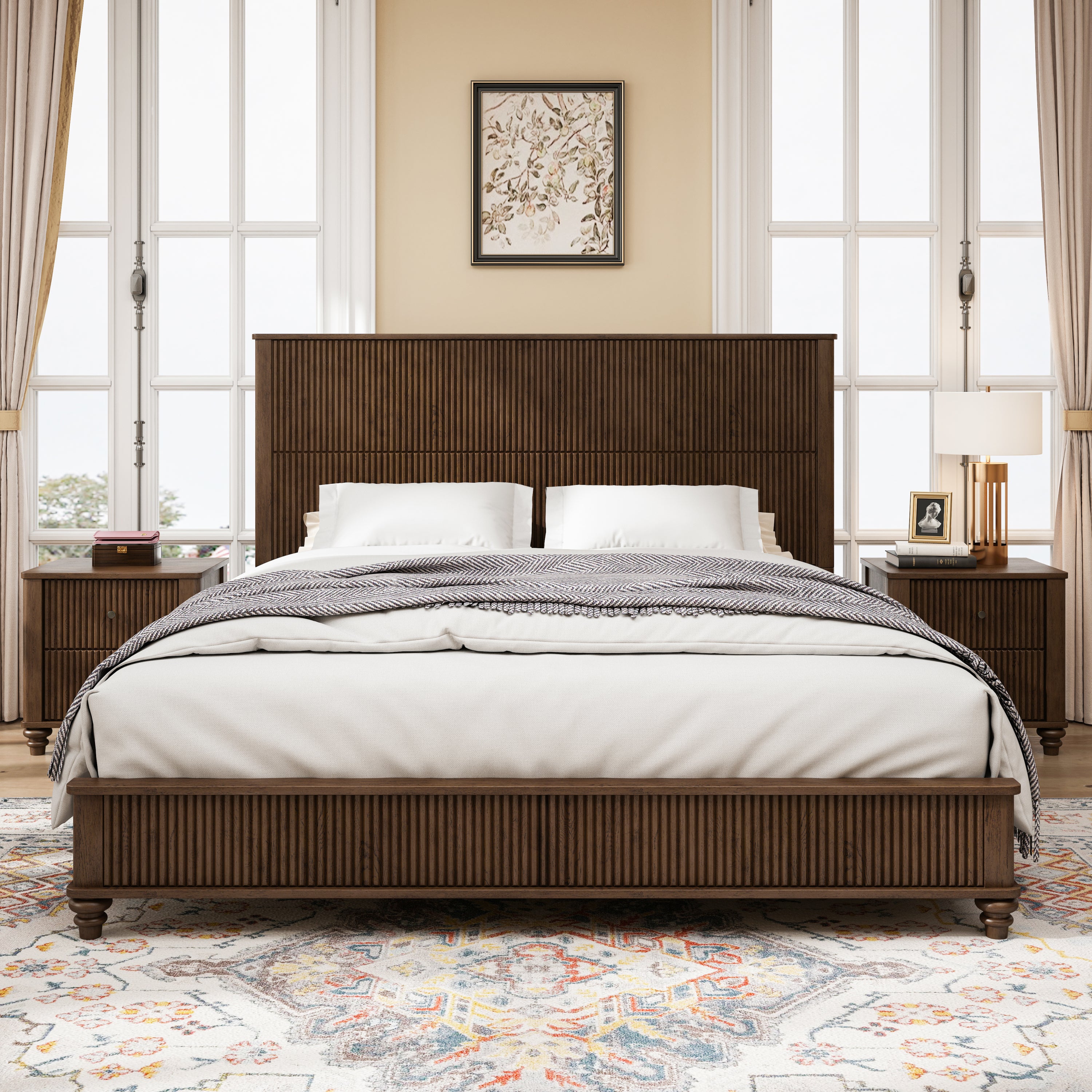 Walnut Solid Wood King Platform Bed Frame with Tall Headboard, No Box Spring Needed, Crafted from Rubber Wood and Plywood