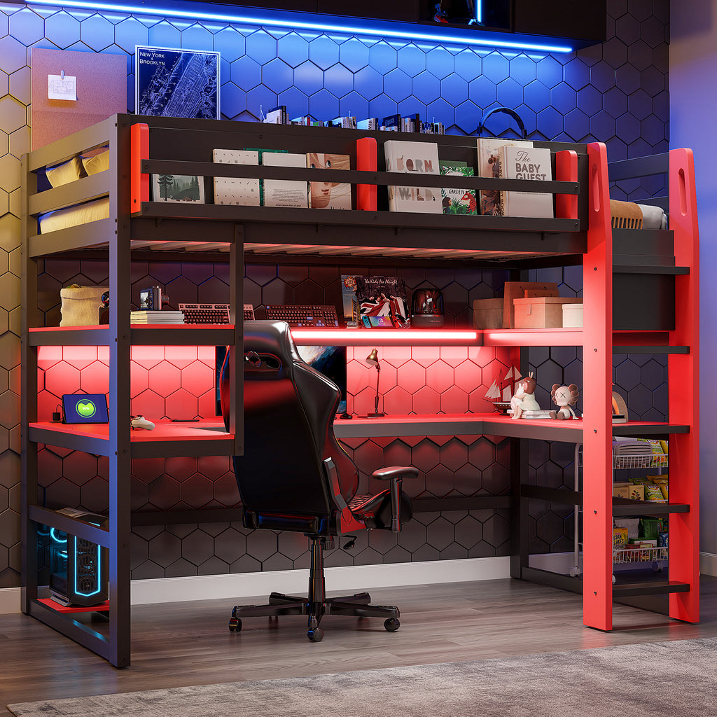 Twin Size Wood Loft Bed with Desk,Side storage rack,Multi-storage Shelves and RGB Light,Red