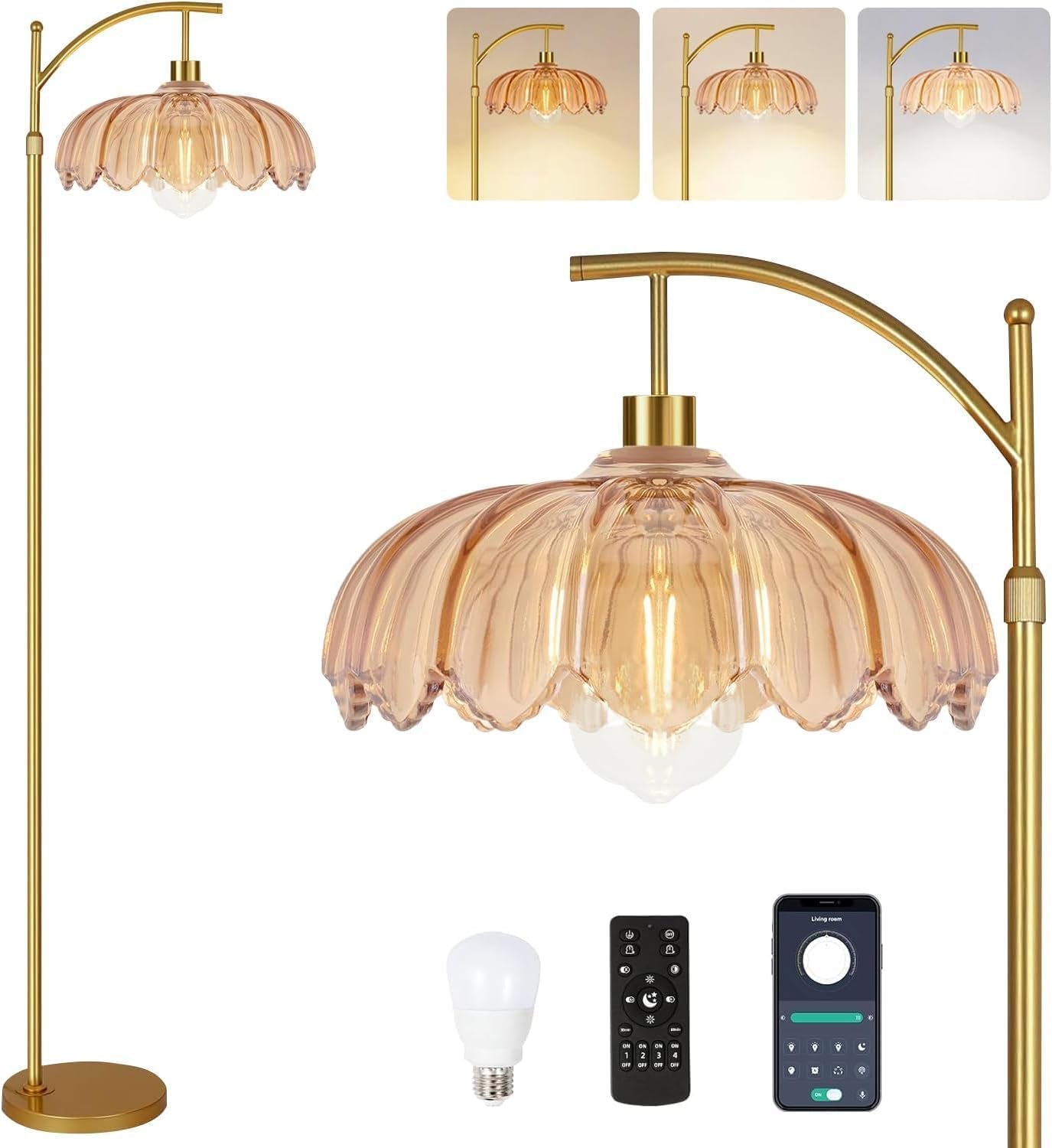 Gold Floor Lamp Arc Midcentury Amber Remote Control-0