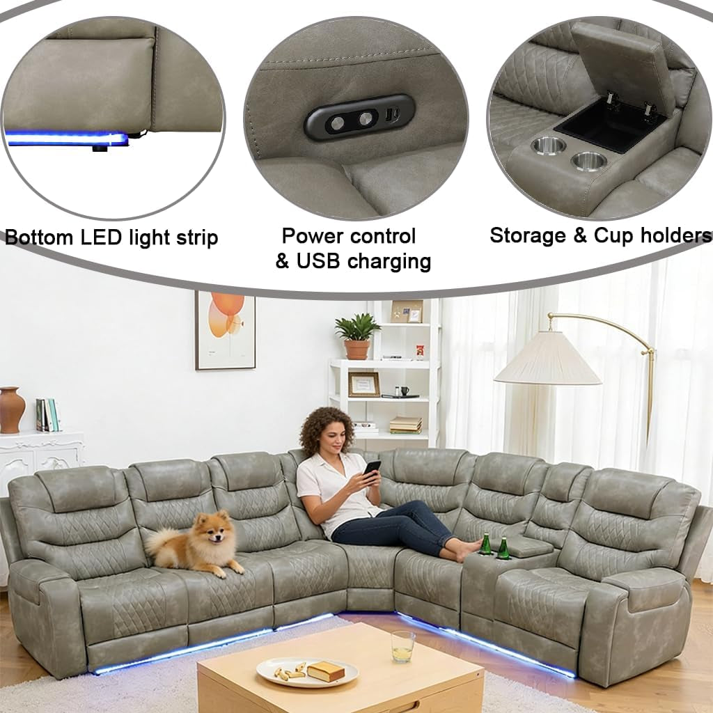 Breathing Leather Power Recliner Sectional Sofa USB-3