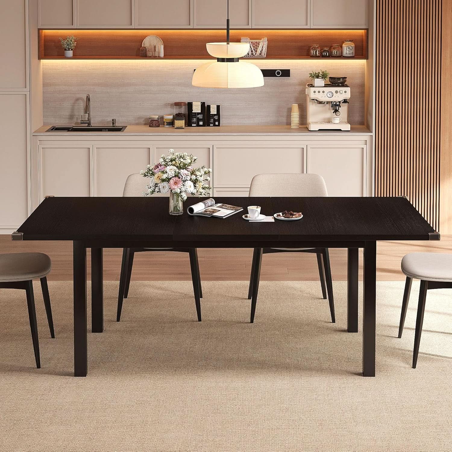 Black Extendable Dining Table 63 Inch For 4 To 6 Guests-2