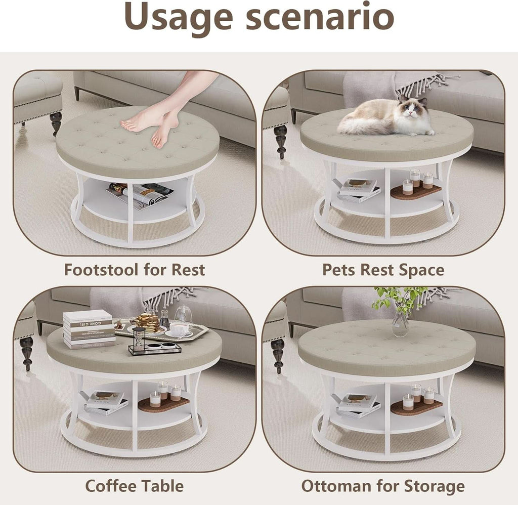 Beige 31.5-Inch Round Ottoman Coffee Table Storage