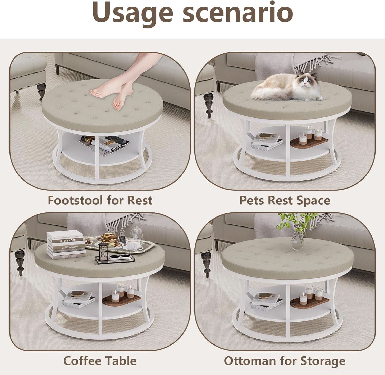 Beige 31.5-Inch Round Ottoman Coffee Table Storage