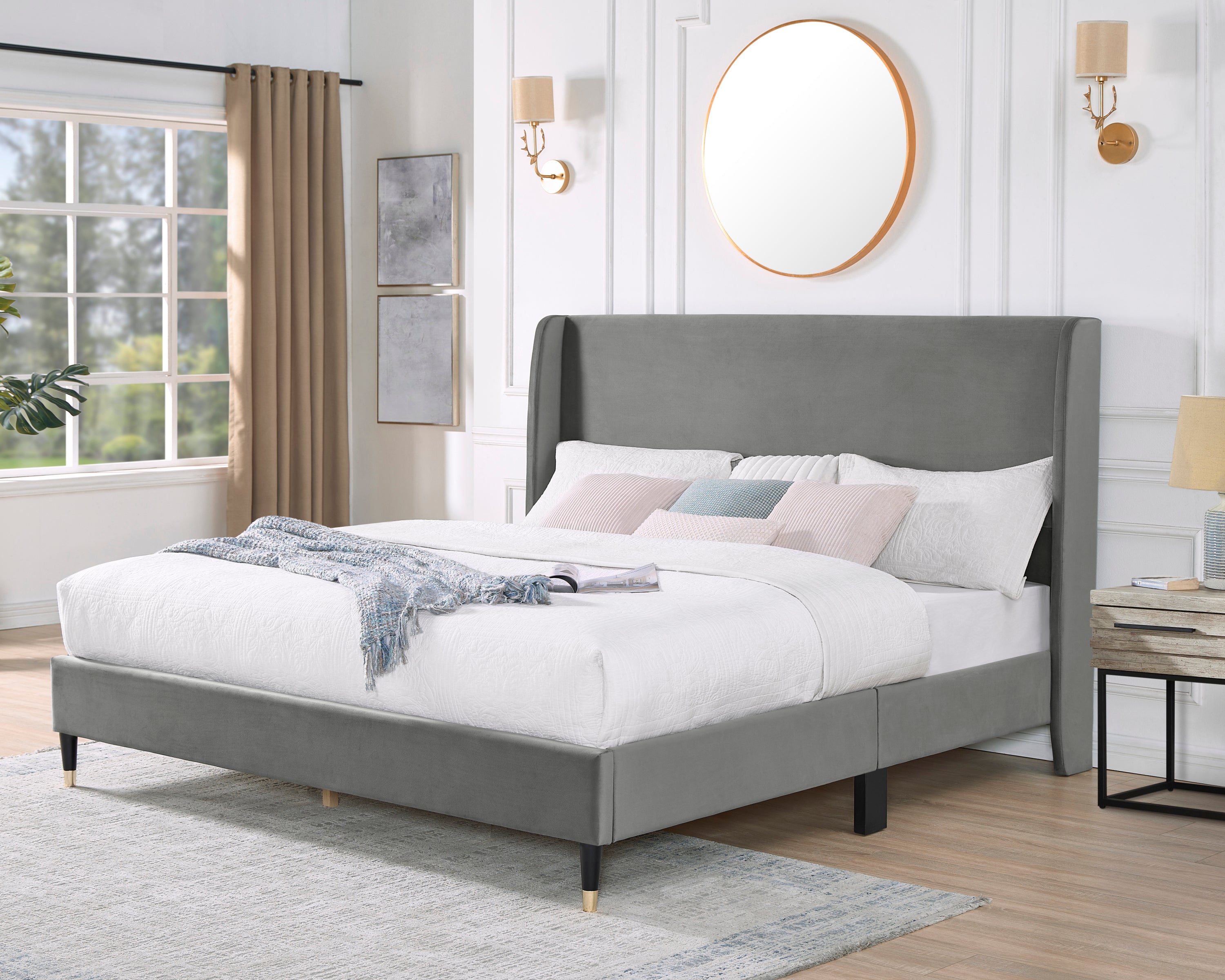Rozitta Gray Velvet Wingback Platform Bed, Queen
