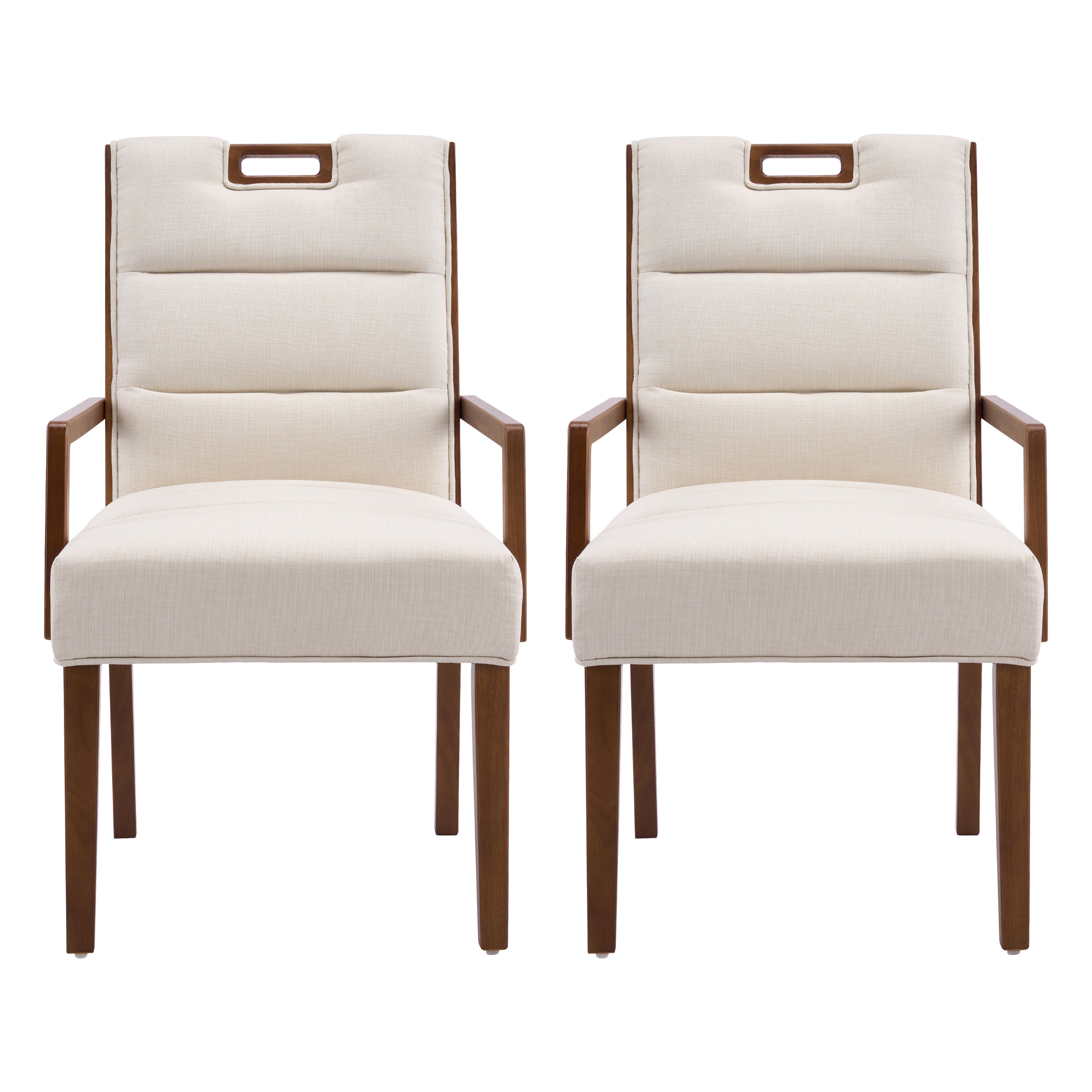 Upholstered Dining Chairs with Armrests, Beige Fabric & Walnut Rubber Wood Frame, Set of 2