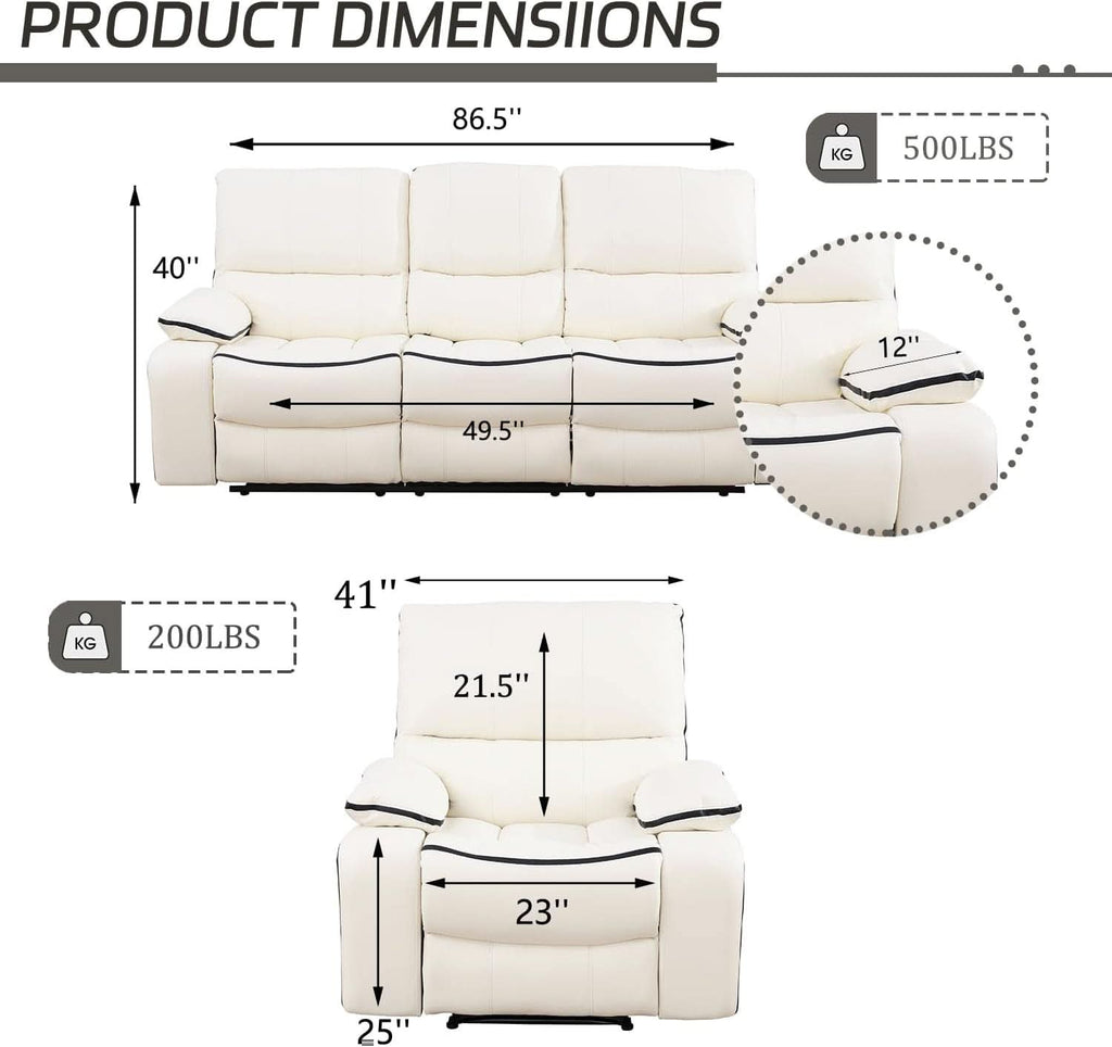 Cream White Bonded Leather Recliner Sofa Set With Manual Recliner-1