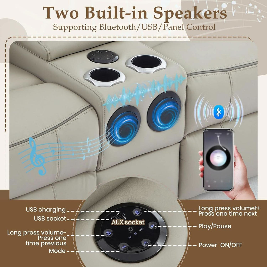 Grey Power Reclining Sofa Loveseat With Bluetooth Speakers