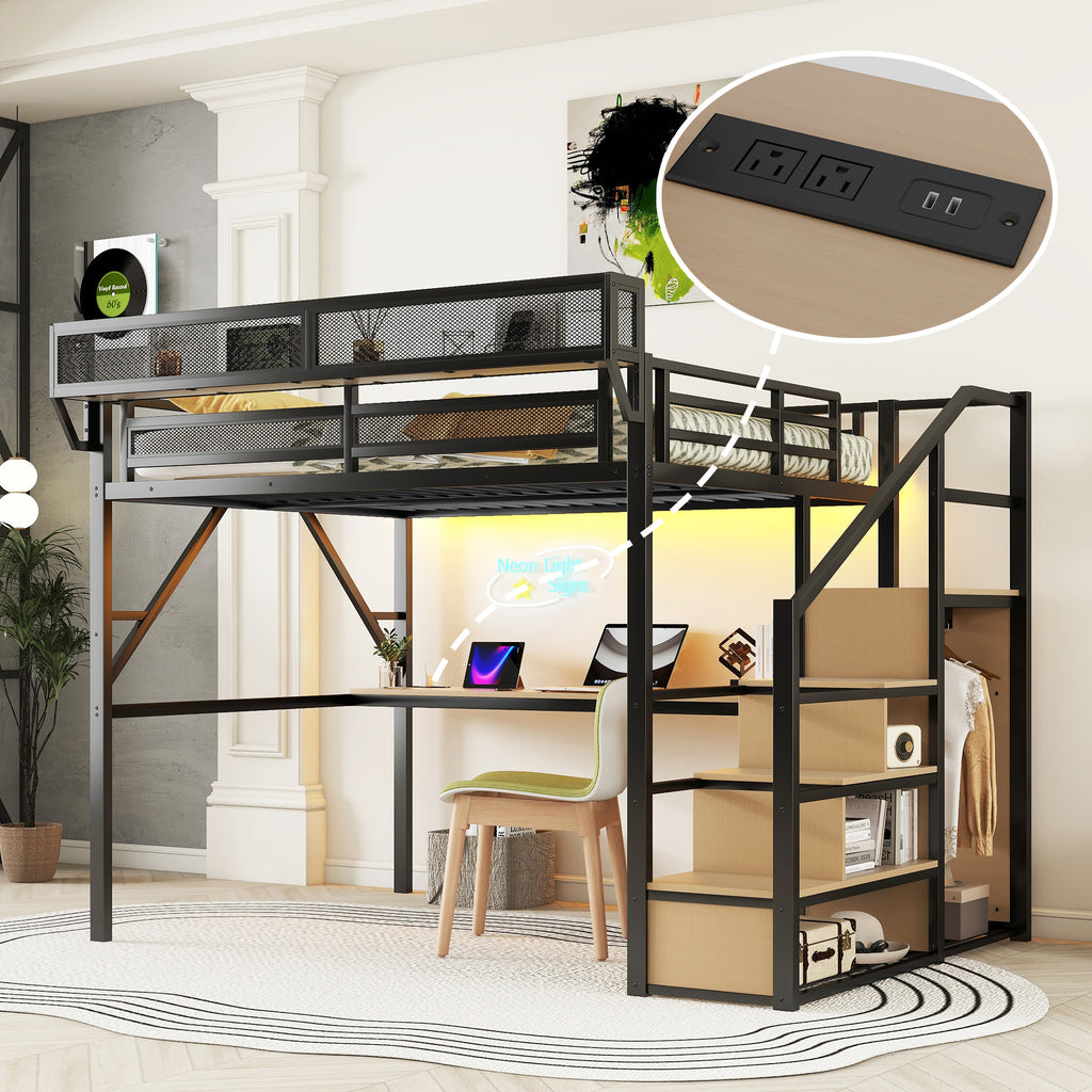 Queen Loft Bed with Desk and Charging Station, Queen Size Metal Loft Bed with Stairs and Light for Kids Teens, Black, Patent Products(OldSKU W2580S00044)