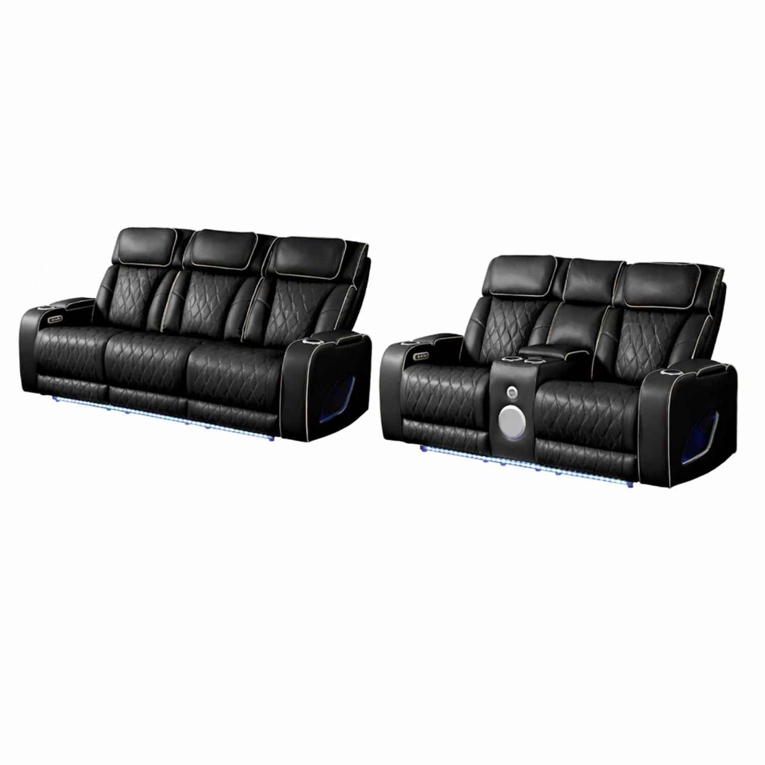 Fortuner Power Reclining 2Pc Living Room Set in Black Faux Leather with LED Lights, Massage Function, Bluetooth Speakers and Wireless Charging