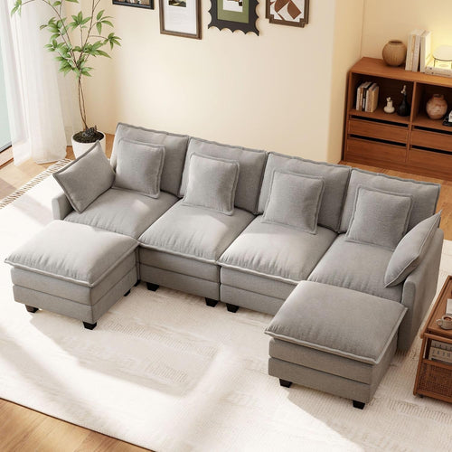106-Inch U-Shaped Modular Sectional Sofa with Ottoman, Grey Chenille-0